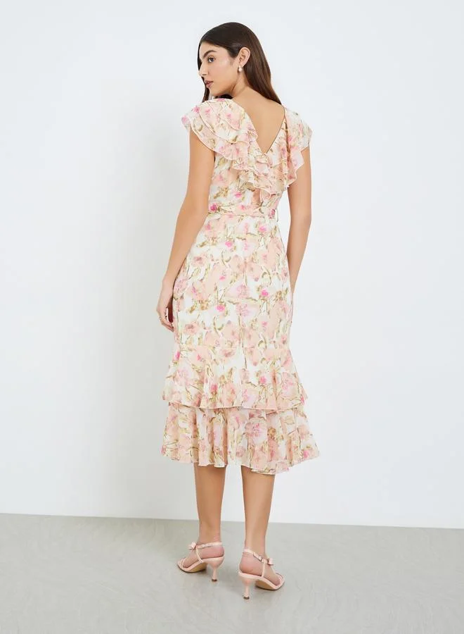 Styli  Women Floral Print Frill Sleeves Sheath Midi Dress for Women | Best Price UAE